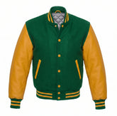 Kelly Green and Gold Varsity Jacket with Wool Body and Leather Sleeves