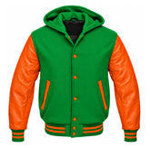 Kelly Green and Orange Hooded Varsity Jacket