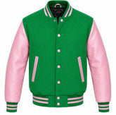 Kelly green melton wool letterman jacket with pink leather sleeves, front view