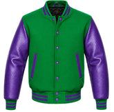 Kelly green melton wool letterman jacket with purple leather sleeves, front view