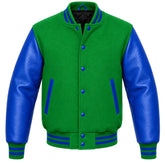 Kelly green melton wool varsity jacket with royal blue leather sleeves, front view