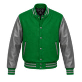Kelly Green and Grey Varsity Jacket with Wool Body and Leather Sleeves