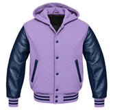 Lavender and Navy Blue Varsity Jacket with Hood