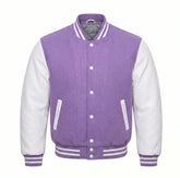 Lavender and White Varsity Jacket with Wool Body and Leather Sleeves