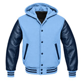 Light Blue and Navy Blue Hooded Varsity Jacket