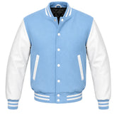 Light blue melton wool letterman jacket with white leather sleeves, front view