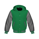 Light Green Wool and Grey Leather Hooded Varsity Jacket