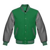 Light Green and Grey Varsity Jacket with Wool Body and Leather Sleeves