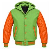 Light Green and Orange Varsity Jacket with Hood