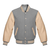 Light Grey Wool and Cream Leather Varsity Jacket