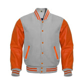 Light Grey Wool and Orange Leather Varsity Jacket