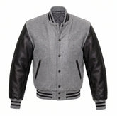 Light Grey and Black Varsity Jacket with Wool Body and Leather Sleeves