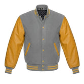 Light Grey and Gold Varsity Jacket with Wool Body and Leather Sleeves
