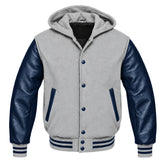 Light Grey and Navy Blue Varsity Jacket with Hood