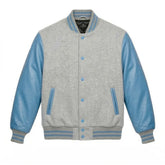 Light Grey and Sky Blue Varsity Jacket with Wool Body and Leather Sleeves