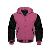 Light Pink Wool and Black Leather Hooded Varsity Jacket