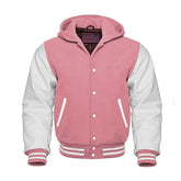 Light Pink Wool and White Leather Hooded Varsity Jacket