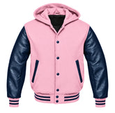 Light Pink and Navy Blue Hooded Varsity Jacket