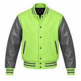 Light Green and Grey Varsity Jacket with Wool Body and Leather Sleeves