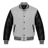 Light Grey and Black Varsity Jacket with Wool Body and Leather Sleeves