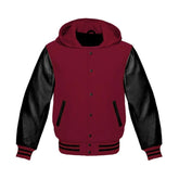 Maroon Wool and Black Leather Hooded Varsity Jacket