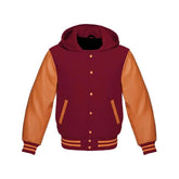Maroon Wool and Gold Leather Hooded Varsity Jacket