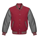 Maroon and Grey Varsity Jacket with Wool Body and Leather Sleeves