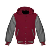 Maroon Wool and Grey Leather Hooded Varsity Jacket