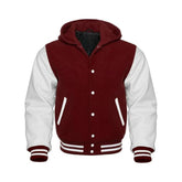 Maroon Wool and White Leather Hooded Varsity Jacket
