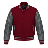 Maroon and Grey Varsity Jacket with Wool Body and Leather Sleeves