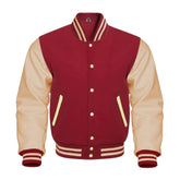 Maroon and Cream Varsity Jacket with Wool Body and Leather Sleeves