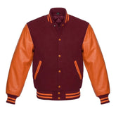 Maroon and Orange Varsity Jacket with Wool Body and Leather Sleeves