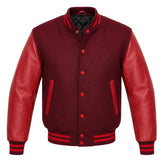 Maroon melton wool varsity jacket with red cowhide leather sleeves, front view