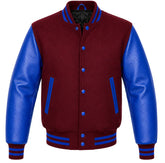 Maroon melton wool varsity jacket with royal blue leather sleeves, front view