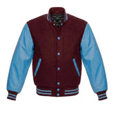 Maroon and Sky Blue Varsity Jacket with Wool Body and Leather Sleeves