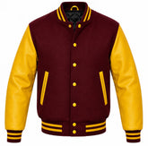 Maroon melton wool letterman jacket with yellow leather sleeves, front view