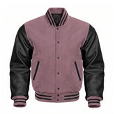 Mauve and Black Varsity Jacket with Wool Body and Leather Sleeves