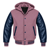 Mauve and Navy Blue Hooded Letterman Jacket