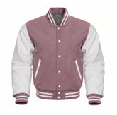 Mauve and White Varsity Jacket with Wool Body and Leather Sleeves