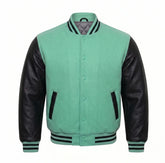 Mint Green and Black Varsity Jacket with Wool Body and Leather Sleeves