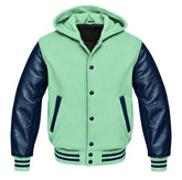 Mint Green and Navy Blue Varsity Jacket with Hood