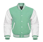 Mint Green and White Varsity Jacket with Wool Body and Leather Sleeves