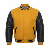 Mustard Yellow and Black Varsity Jacket with Wool Body and Leather Sleeves