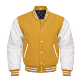 Mustard Yellow and White Varsity Jacket with Wool Body and Leather Sleeves