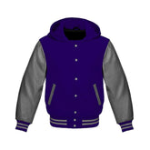 Navy Blue Wool and Grey Leather Hooded Varsity Jacket