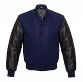 Navy Blue and Black Varsity Jacket with Wool Body and Leather Sleeves