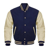 Navy Blue and Cream Varsity Jacket with Wool Body and Leather Sleeves