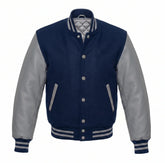 Navy Blue and Grey Varsity Jacket with Wool Body and Leather Sleeves