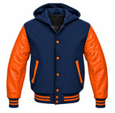 Navy Blue and Orange Hooded Letterman Jacket