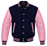 Navy blue melton wool varsity jacket with pink leather sleeves, front view
